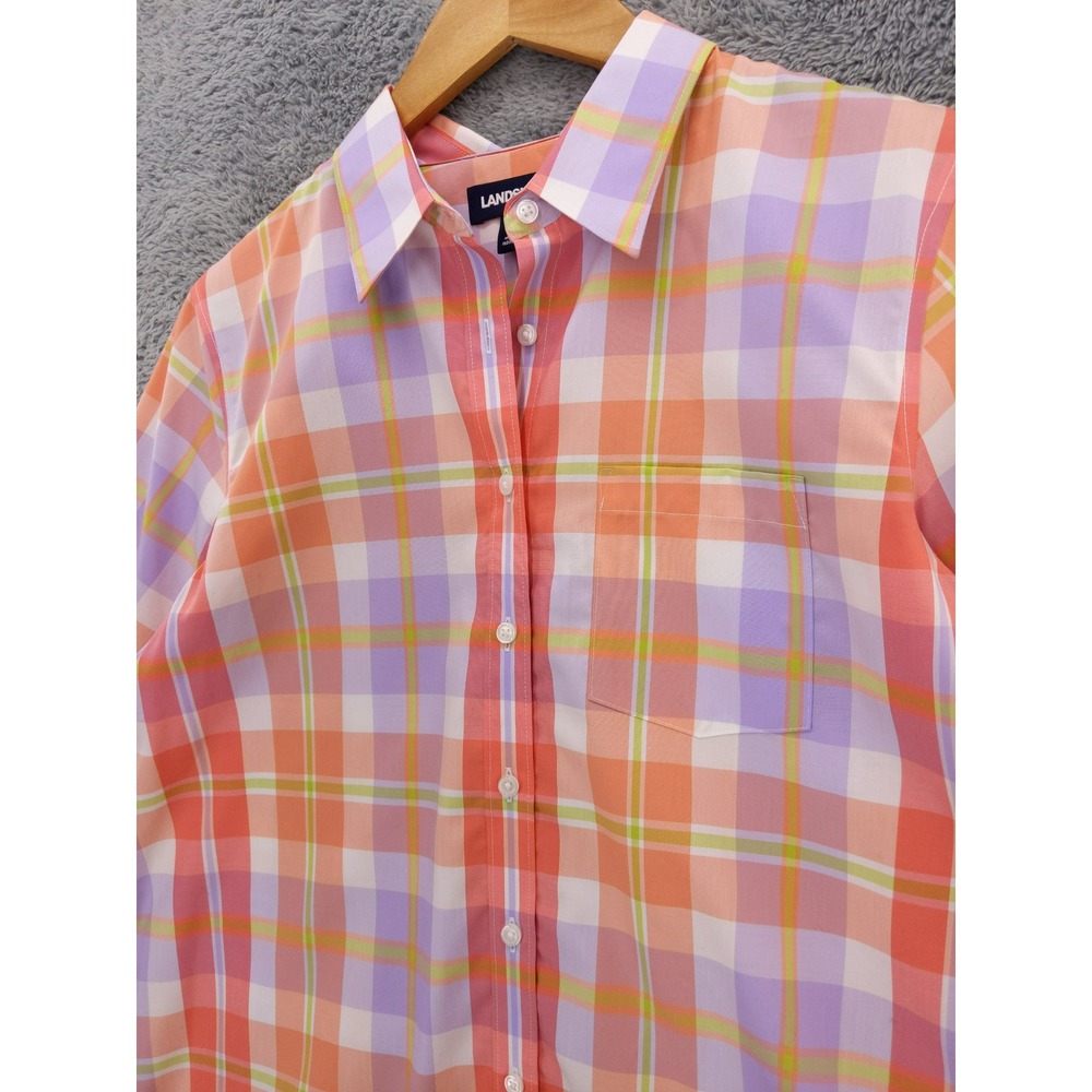 Lands End Women 10P Plaid No Iron Supima‎ Cotton Button Up Shirt Orange Lavender - Picture 2 of 8